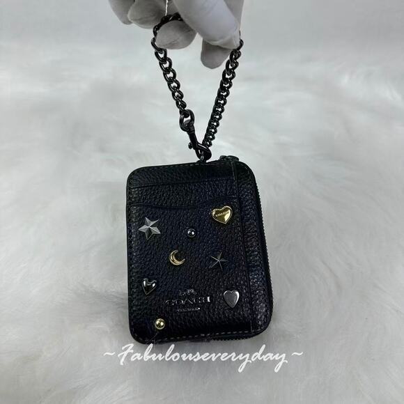 Coach Zip Card Case With Rivets In Refined Pebble Leather CCO21 Black Multi NWT - Picture 2 of 3